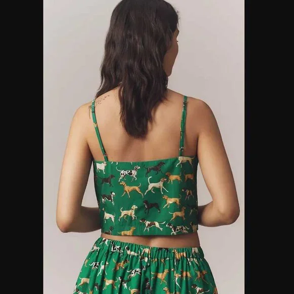 New M Maeve x Anthropologie Dog Print straight neck crop tank top in green - Picture 3 of 9